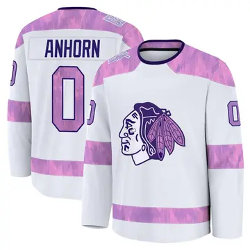 Men's Dylan Anhorn Chicago Blackhawks ＃0 Premium White 2024 Hockey Fights Cancer Practice Jersey