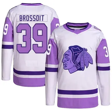 Men's Laurent Brossoit Chicago Blackhawks ＃39 Authentic White/Purple Hockey Fights Cancer Primegreen Jersey