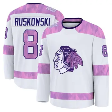 Men's Terry Ruskowski Chicago Blackhawks ＃8 Premium White 2024 Hockey Fights Cancer Practice Jersey