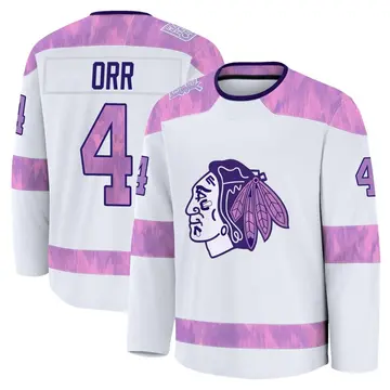 Youth Bobby Orr Chicago Blackhawks ＃4 Premium White 2024 Hockey Fights Cancer Practice Jersey