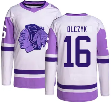 Youth Ed Olczyk Chicago Blackhawks ＃16 Authentic Black Hockey Fights Cancer Jersey