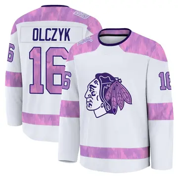 Youth Ed Olczyk Chicago Blackhawks ＃16 Premium White 2024 Hockey Fights Cancer Practice Jersey