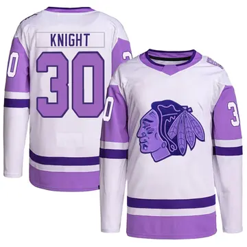 Youth Spencer Knight Chicago Blackhawks ＃30 Authentic White/Purple Hockey Fights Cancer Primegreen Jersey
