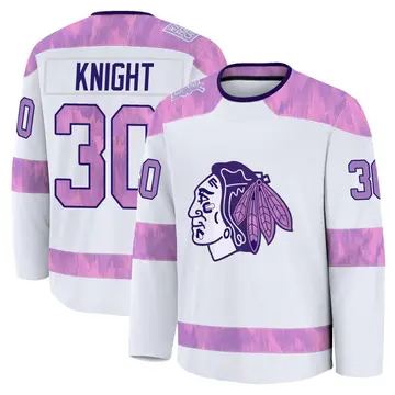 Youth Spencer Knight Chicago Blackhawks ＃30 Premium White 2024 Hockey Fights Cancer Practice Jersey